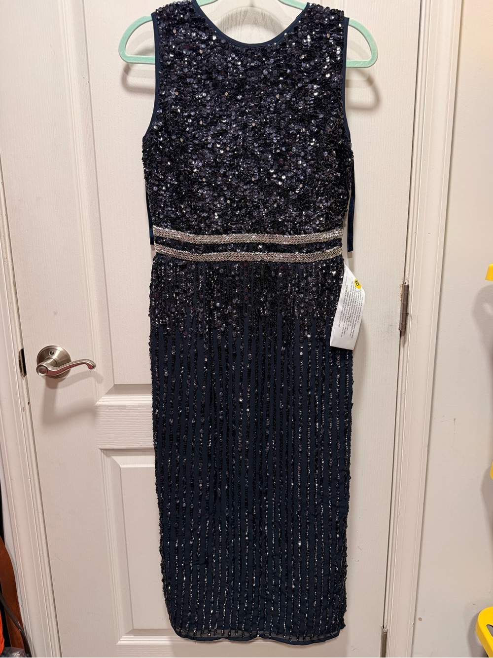 Mac Duggal Navy Blue Beaded Sleeveless Midi Dress
